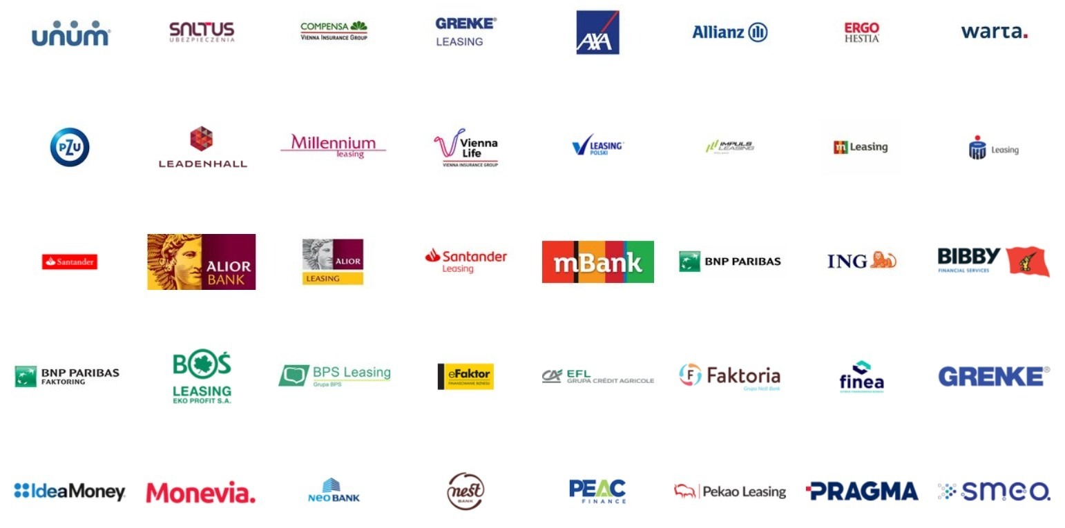 Zbiór logotypów różnych firm z branży finansowej i ubezpieczeniowej, w tym banków, firm leasingowych i ubezpieczeniowych, na białym tle.