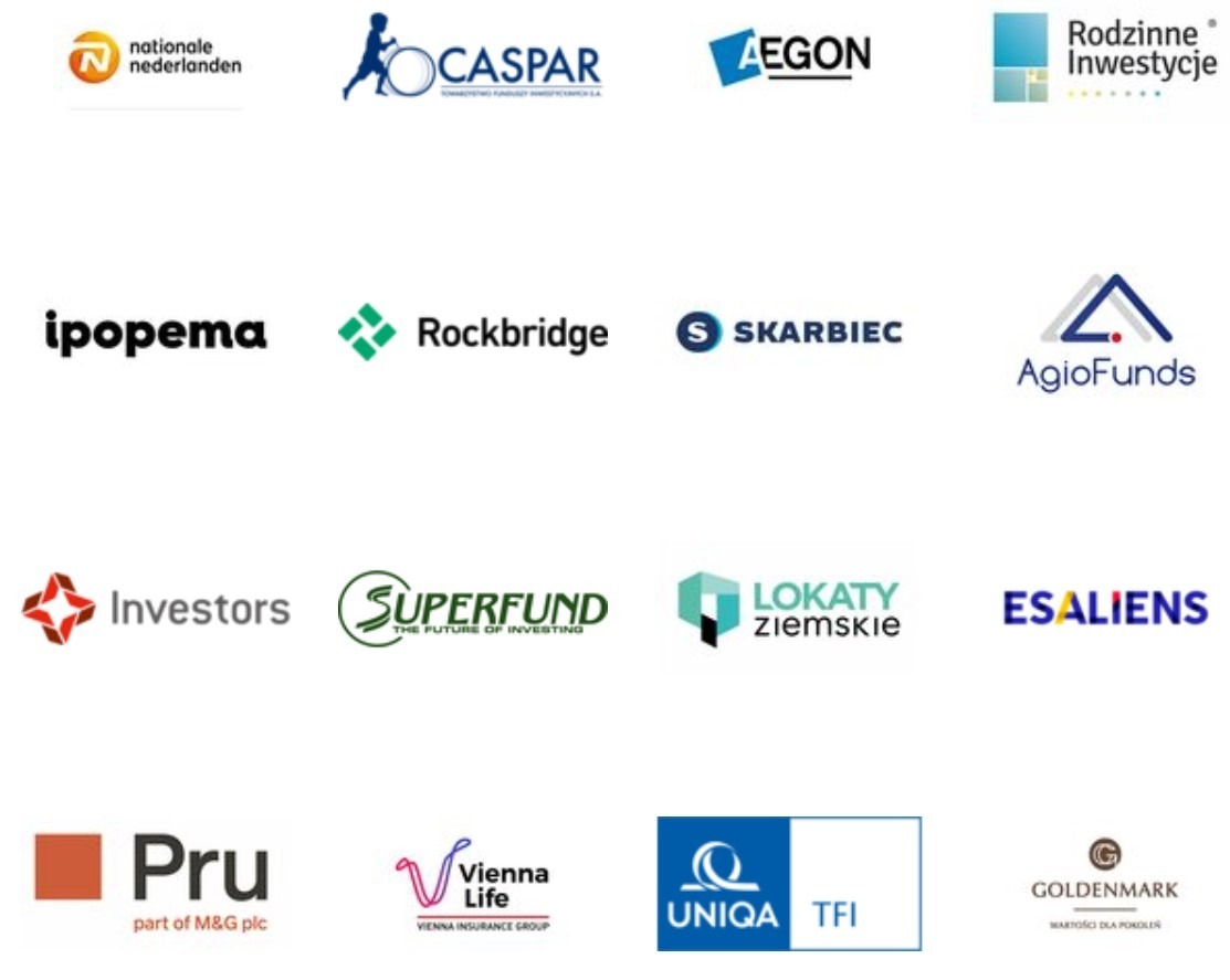 Zestaw logotypów różnych firm z branży finansowej i ubezpieczeniowej, w tym Nationale Nederlanden, Caspar, Aegon, Rodzinne Inwestycje, Ipopema, Rockbridge, Skarbiec, AgioFunds, Investors, Superfund...