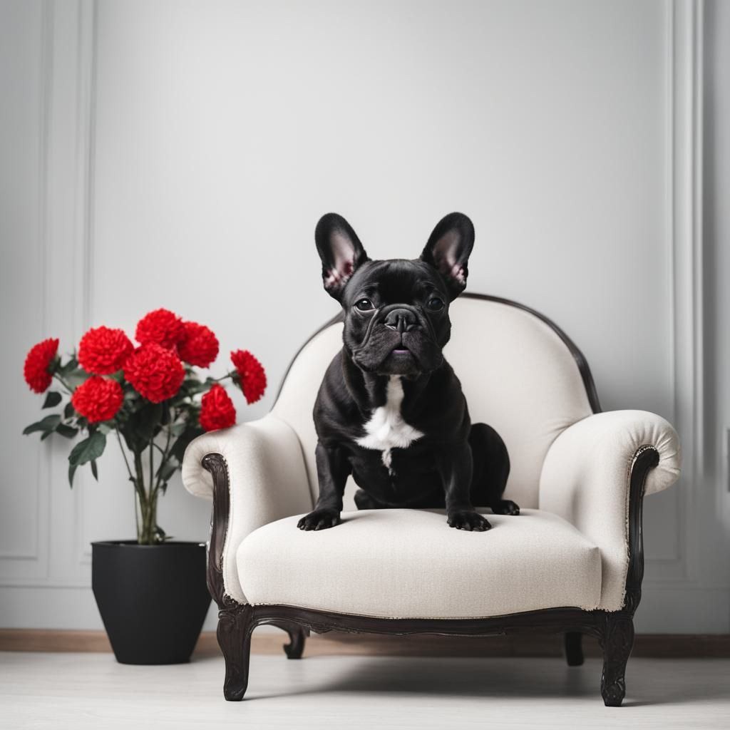 Czarny buldog francuski siedzi na kremowym fotelu obok doniczki z czerwonymi kwiatami na tle szarej ściany z dekoracyjną listwą.