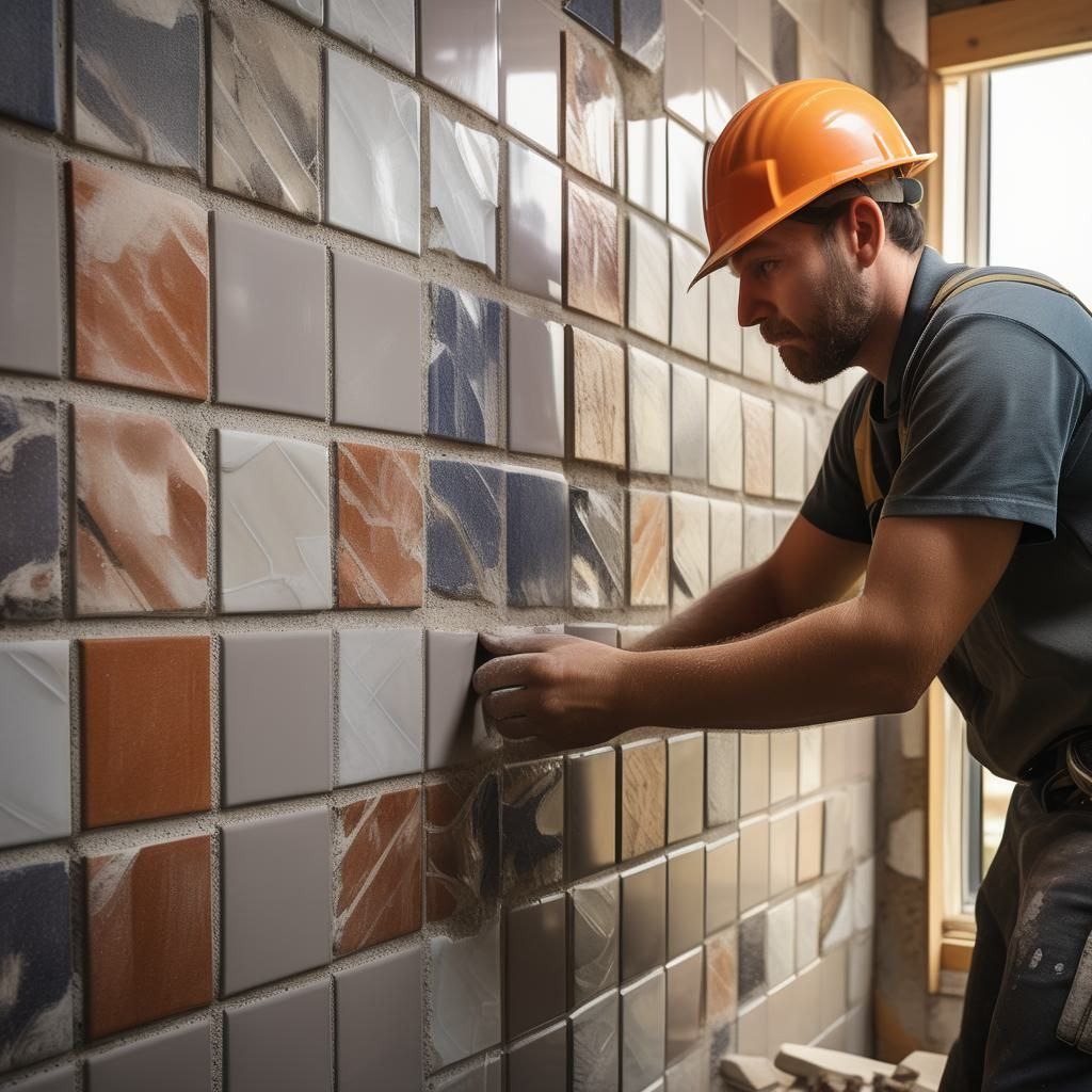 Mężczyzna w pomarańczowym kasku układa dekoracyjne, kwadratowe płytki na ścianie, widoczne narzędzia i zaprawa.