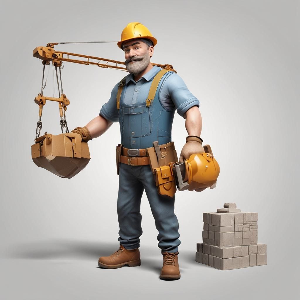 Karykaturalny budowlaniec w kombinezonie i kasku trzymający narzędzia i podnoszący blok kamienny dźwigiem, z ułożonymi blokami w tle.
