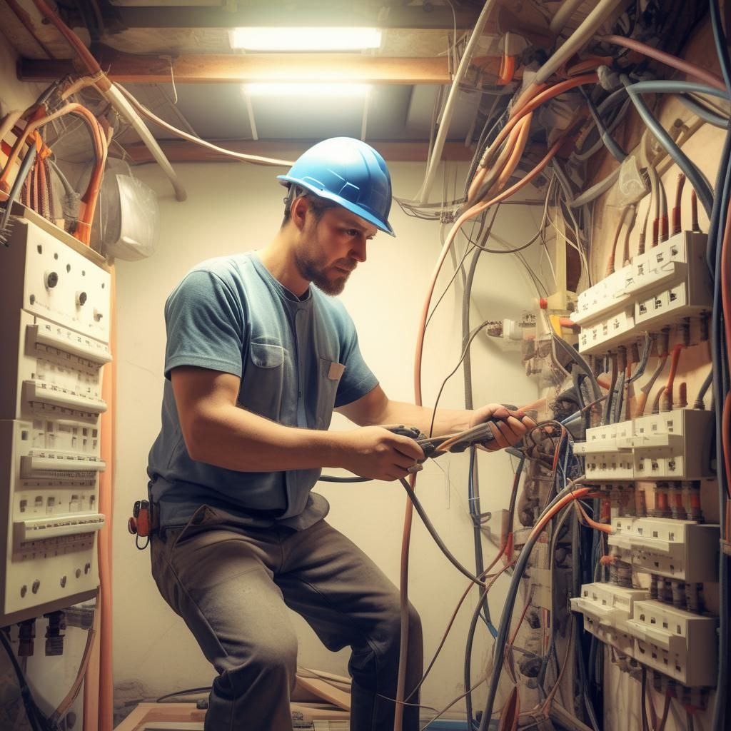 Elektryk w niebieskim kasku łączy przewody w skrzynce elektrycznej w ciasnym pomieszczeniu, widoczne liczne kable i zabezpieczenia.