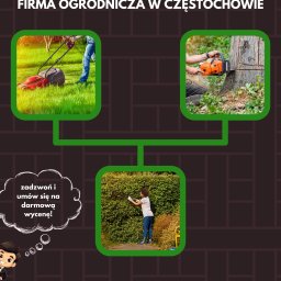 Akro Skills Academy Dawid Szwejda - Grafika reklamowa firmy ogrodniczej z Częstochowy oferującej koszenie trawy, wycinkę i przycinanie drzew. Na grafice kosiarka, piła łańcuchowa i osoba przycinająca żywopłot.
