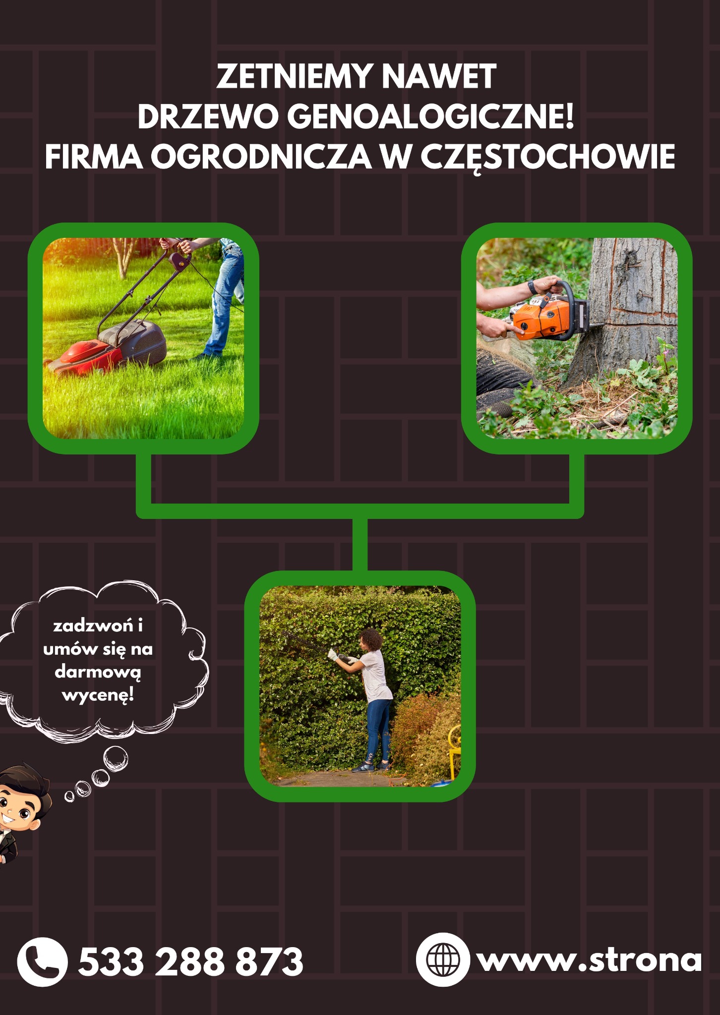 Grafika reklamowa firmy ogrodniczej z Częstochowy oferującej koszenie trawy, wycinkę i przycinanie drzew. Na grafice kosiarka, piła łańcuchowa i osoba przycinająca żywopłot.