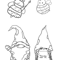 Natalia Taranek - Czarno-biały szkic przedstawiający dwa gnomy i dwie pszczoły, ilustracja do pokolorowania.