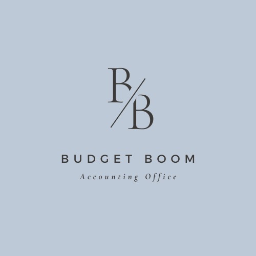 Minimalistyczne logo firmy księgowej Budget Boom z inicjałami BB przeciętymi linią na tle w kolorze gołębim.