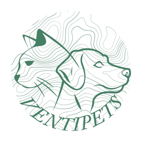 Minimalistyczne logo przedstawiające kontury kota i psa w zielonej kolorystyce, umieszczone na tle przypominającym mapę topograficzną i nazwą firmy 'ZENTIPETS' u dołu.