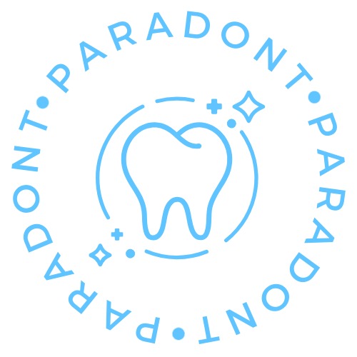 Niebieski, minimalistyczny logotyp z zębem w centrum, otoczony napisem 'PARADONT' w okręgu, z dodatkowymi elementami graficznymi symbolizującymi czystość i blask.