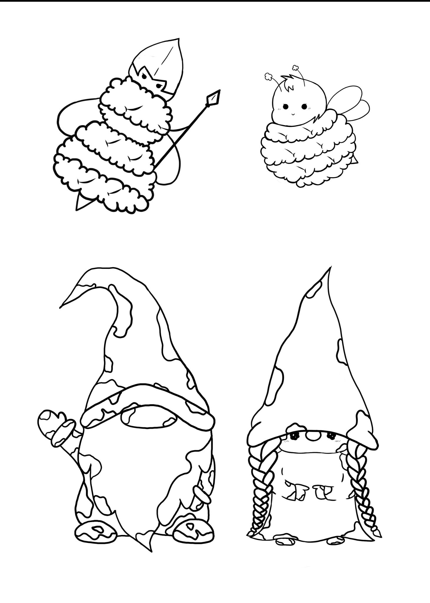 Czarno-biały szkic przedstawiający dwa gnomy i dwie pszczoły, ilustracja do pokolorowania.