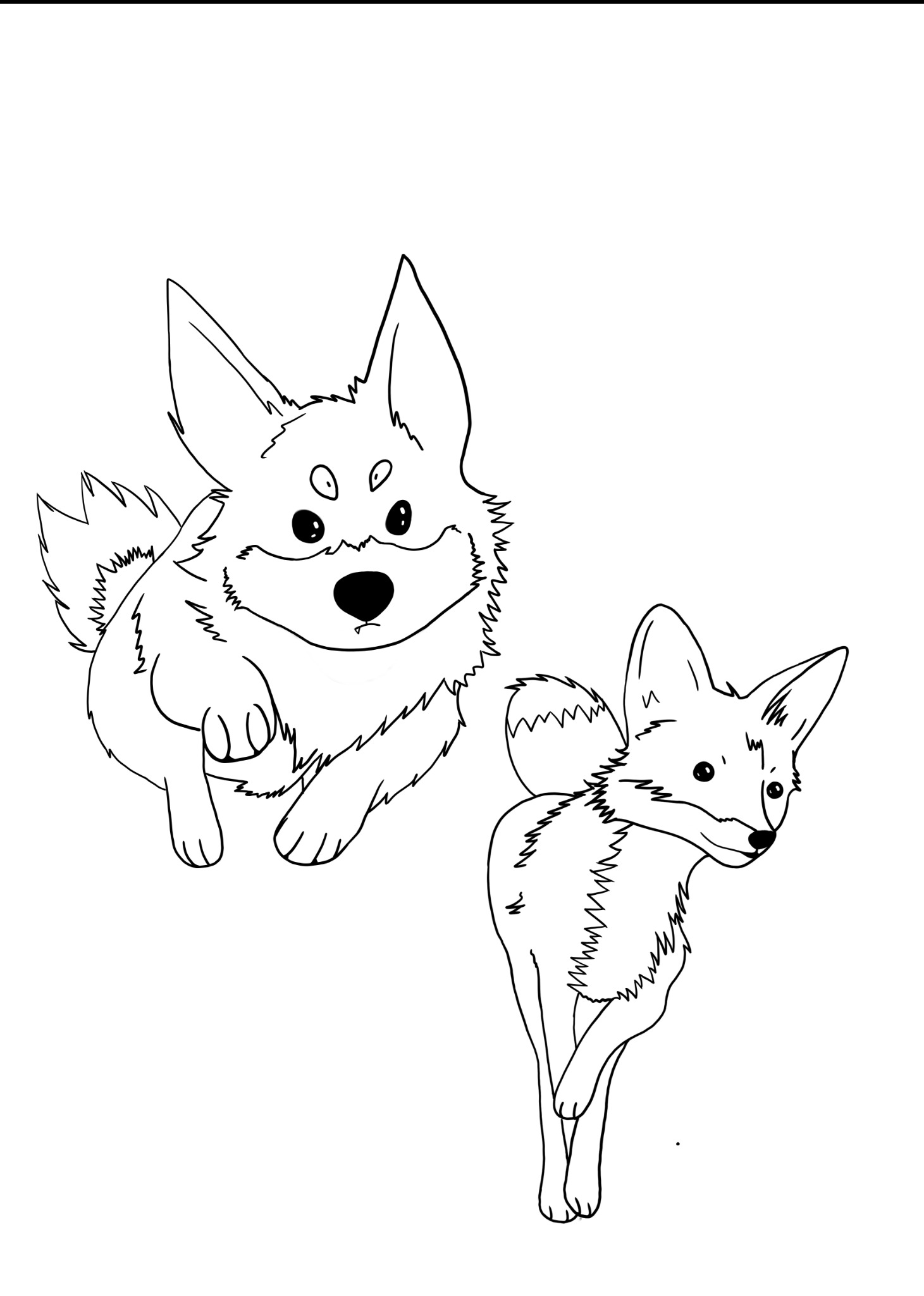 Czarno-biały, minimalistyczny rysunek przedstawiający dwa biegnące lisy w kreskówkowym stylu.