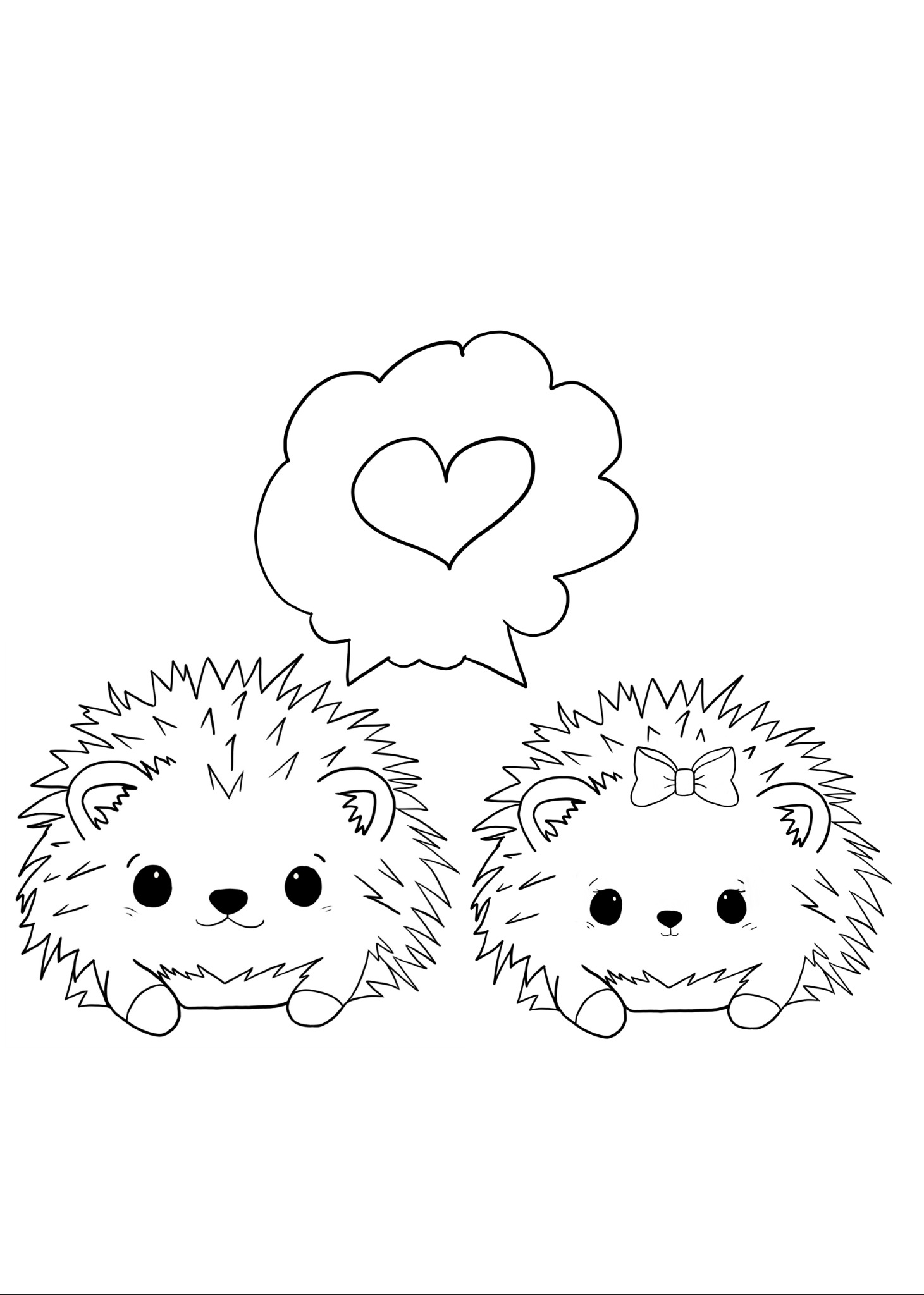 Czarno-biały rysunek dwóch uroczych jeży z sercem w dymku, jeden z kokardką.