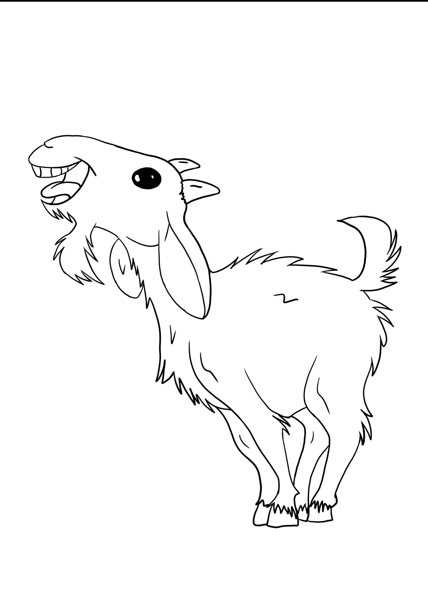 Czarno-biały kontur kozy z podniesioną głową i otwartym pyskiem, ukazujący zęby.
