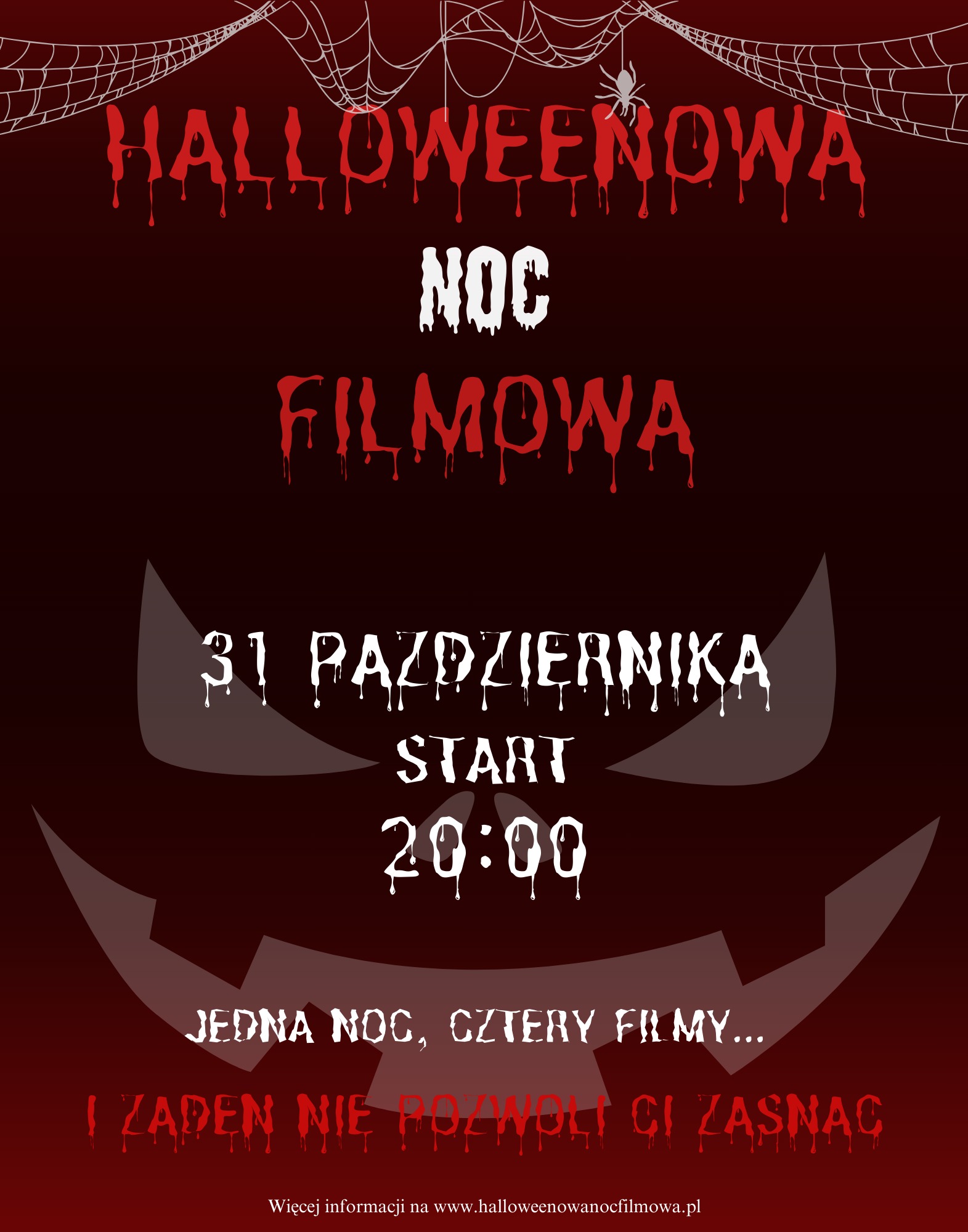 Plakat Halloweenowej Nocy Filmowej 31 października o 20:00, z motywami pająków i upiornej dyni.