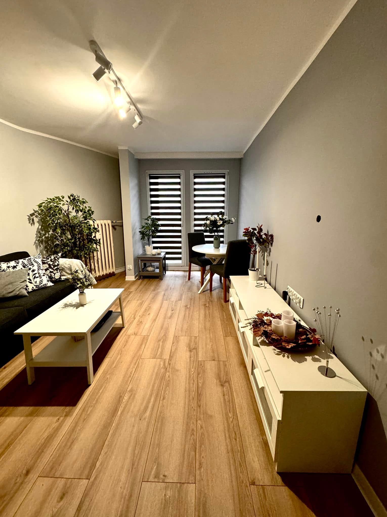 Jasne wnętrze salonu z drewnianą podłogą, szarymi ścianami, białymi meblami i roślinami doniczkowymi, oświetlone reflektorami sufitowymi.