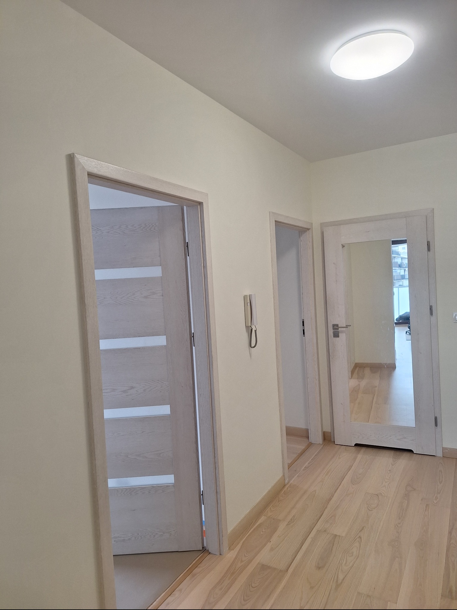Jasne wnętrze mieszkania po remoncie: drewniana podłoga, trzy pary drzwi w białych ościeżnicach, w tym jedne z przeszkleniami i jedne z szybą lustrzaną.