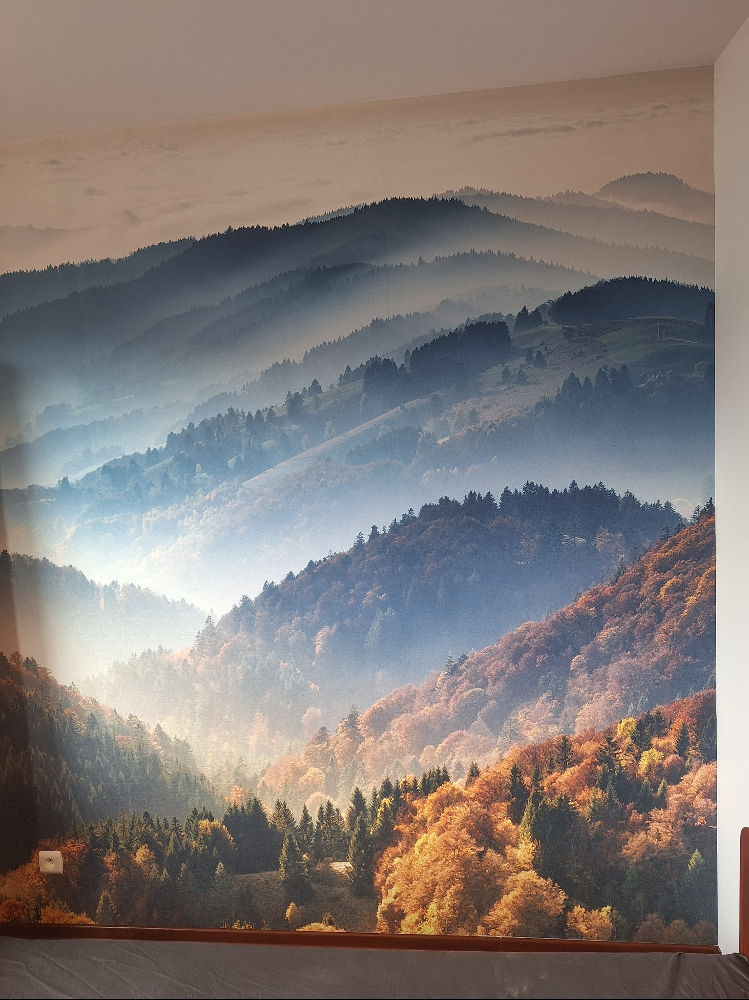 Fototapeta z motywem górskiego krajobrazu w odcieniach błękitu i brązu, z widocznym gniazdkiem elektrycznym na ścianie. Dekoracja wnętrza z efektem głębi.