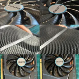 Karta graficzna Gigabyte Eagle przed i po czyszczeniu, widoczny wentylator i radiator z kurzem oraz po usunięciu zabrudzeń.