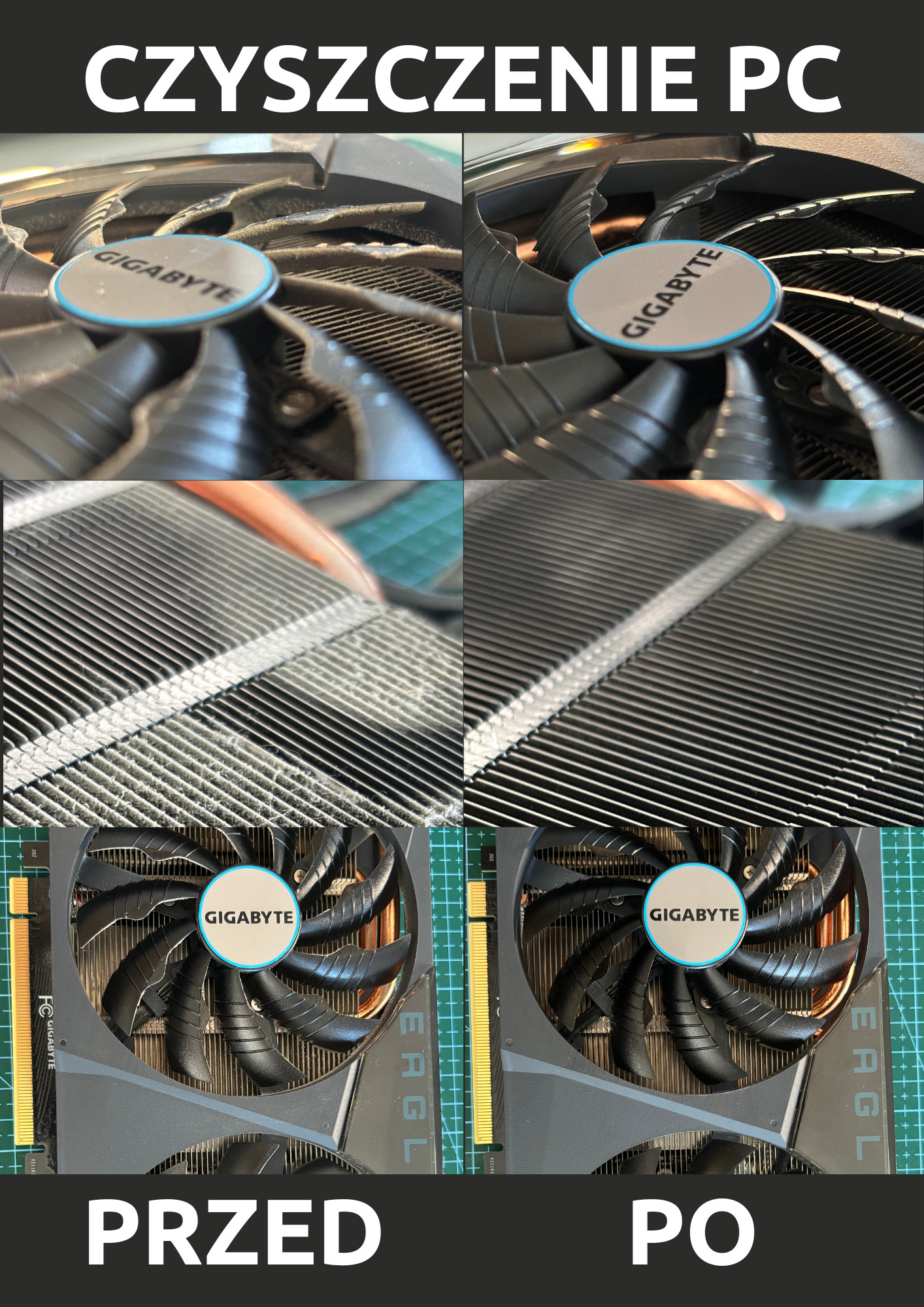 Karta graficzna Gigabyte Eagle przed i po czyszczeniu, widoczny wentylator i radiator z kurzem oraz po usunięciu zabrudzeń.