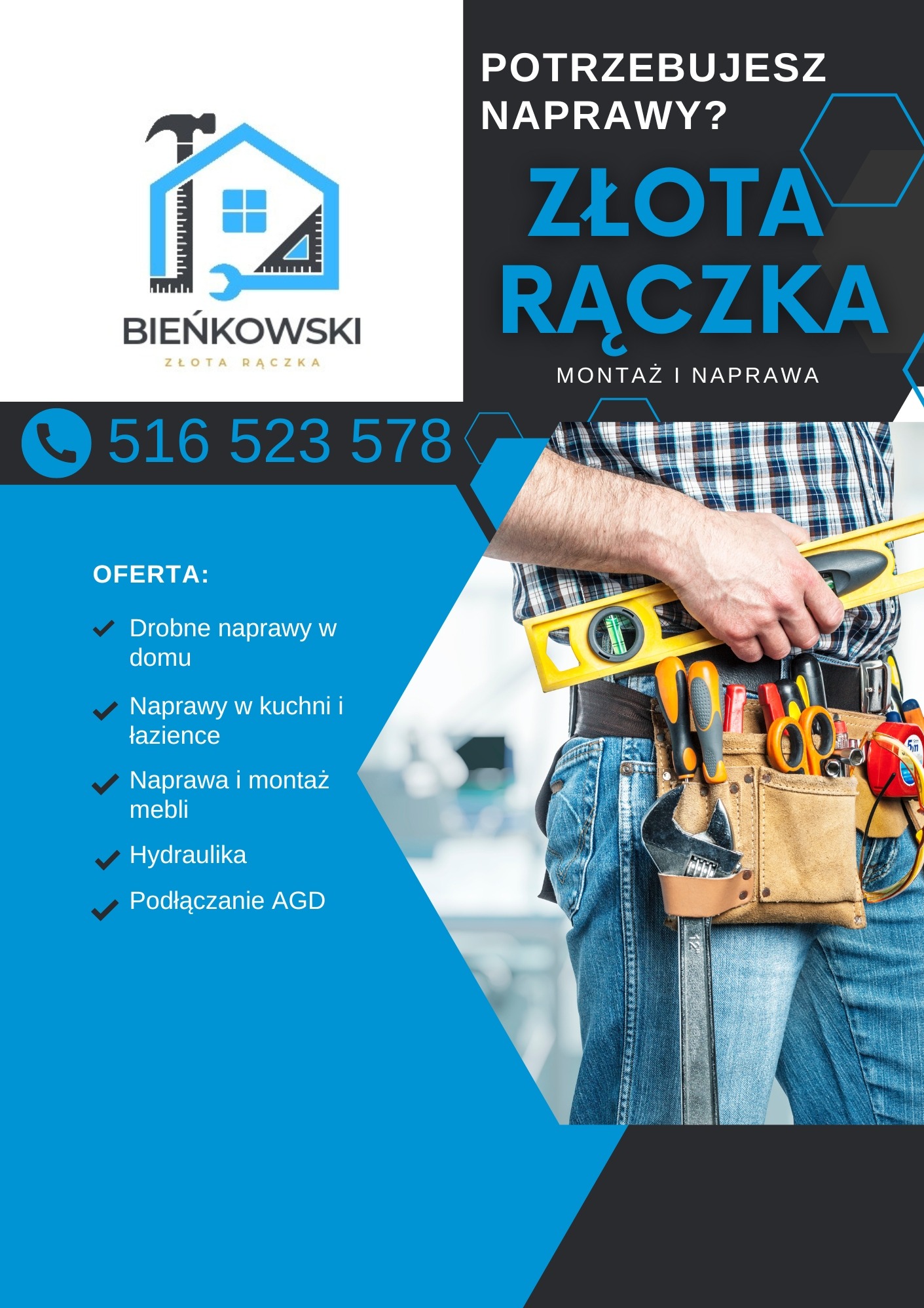 Mężczyzna z pasem narzędziowym, poziomica w dłoni, oferta drobnych napraw domowych, hydrauliki i montażu mebli.