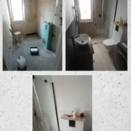 Zdjęcie przedstawia łazienkę w trakcie metamorfozy: po lewej surowe ściany i podłoga przed wykończeniem, z widocznymi narzędziami malarskimi, po prawej wykończona łazienka z kabiną prysznicową...