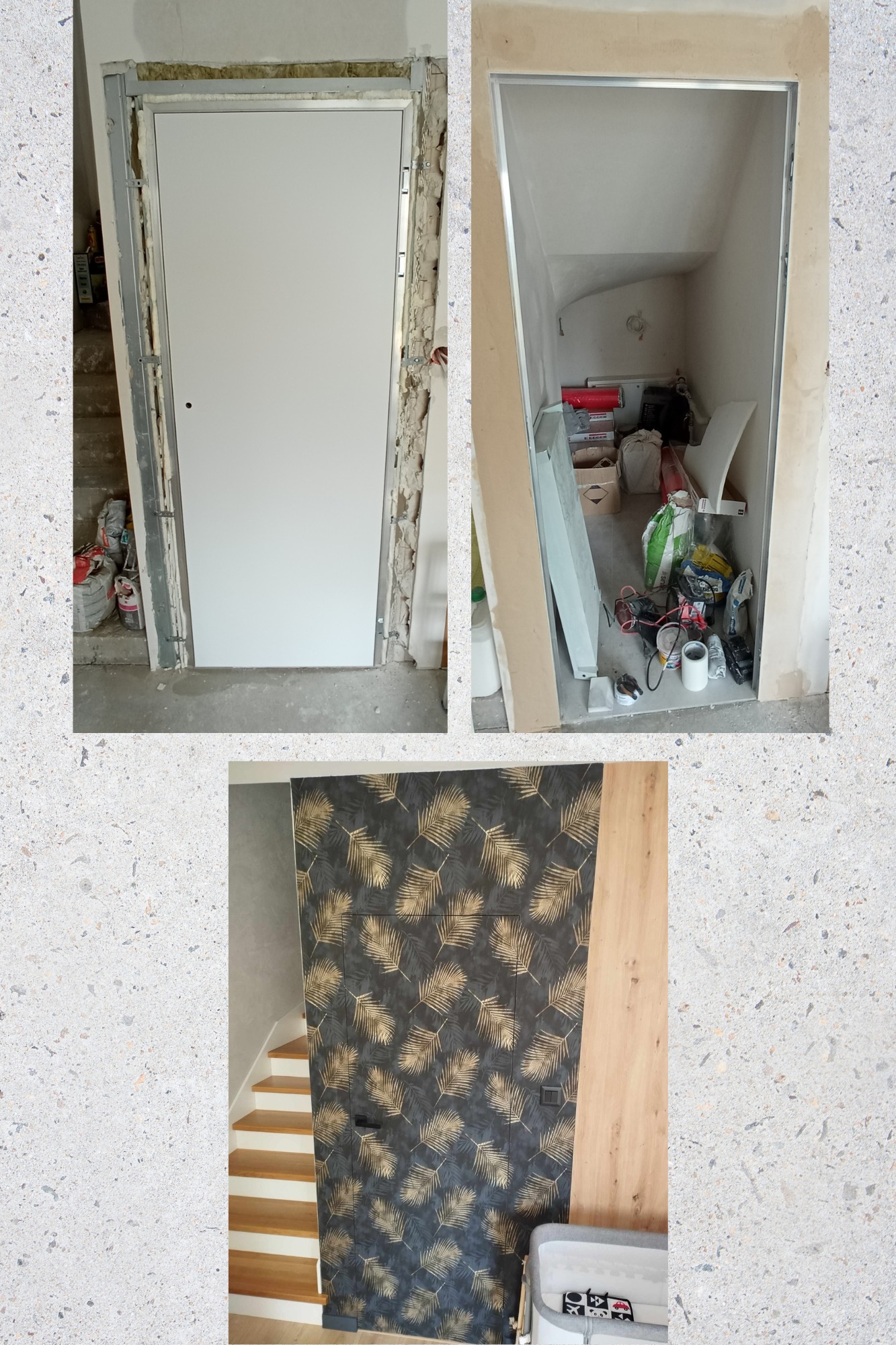 Montaż ukrytych drzwi rewizyjnych w łazience: widoczne etapy prac, od surowego otworu po wykończone tapetą i drewnianą okładziną, z widocznymi schodami w tle.