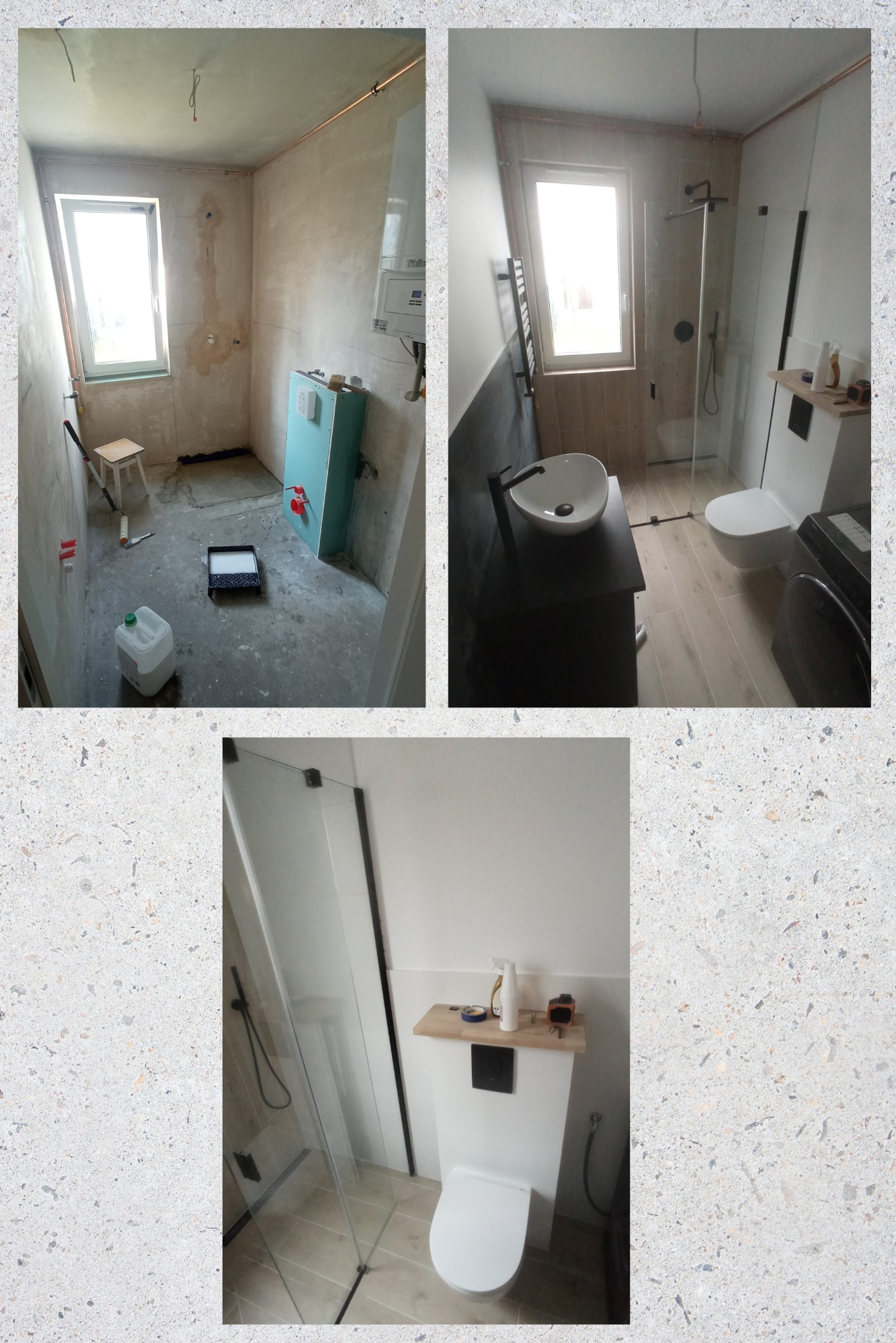 Zdjęcie przedstawia łazienkę w trakcie metamorfozy: po lewej surowe ściany i podłoga przed wykończeniem, z widocznymi narzędziami malarskimi, po prawej wykończona łazienka z kabiną prysznicową...
