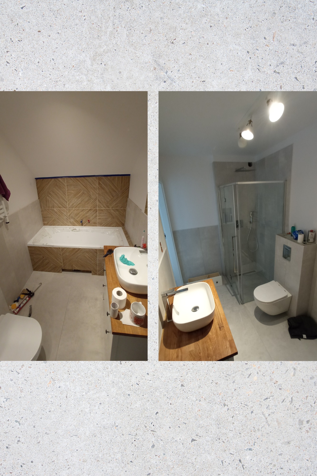 Dwa ujęcia tej samej łazienki: jedno z wanną obudowaną kafelkami w geometryczny wzór, drugie z kabiną prysznicową, umywalkami nablatowymi na drewnianych blatach i wiszącą toaletą.