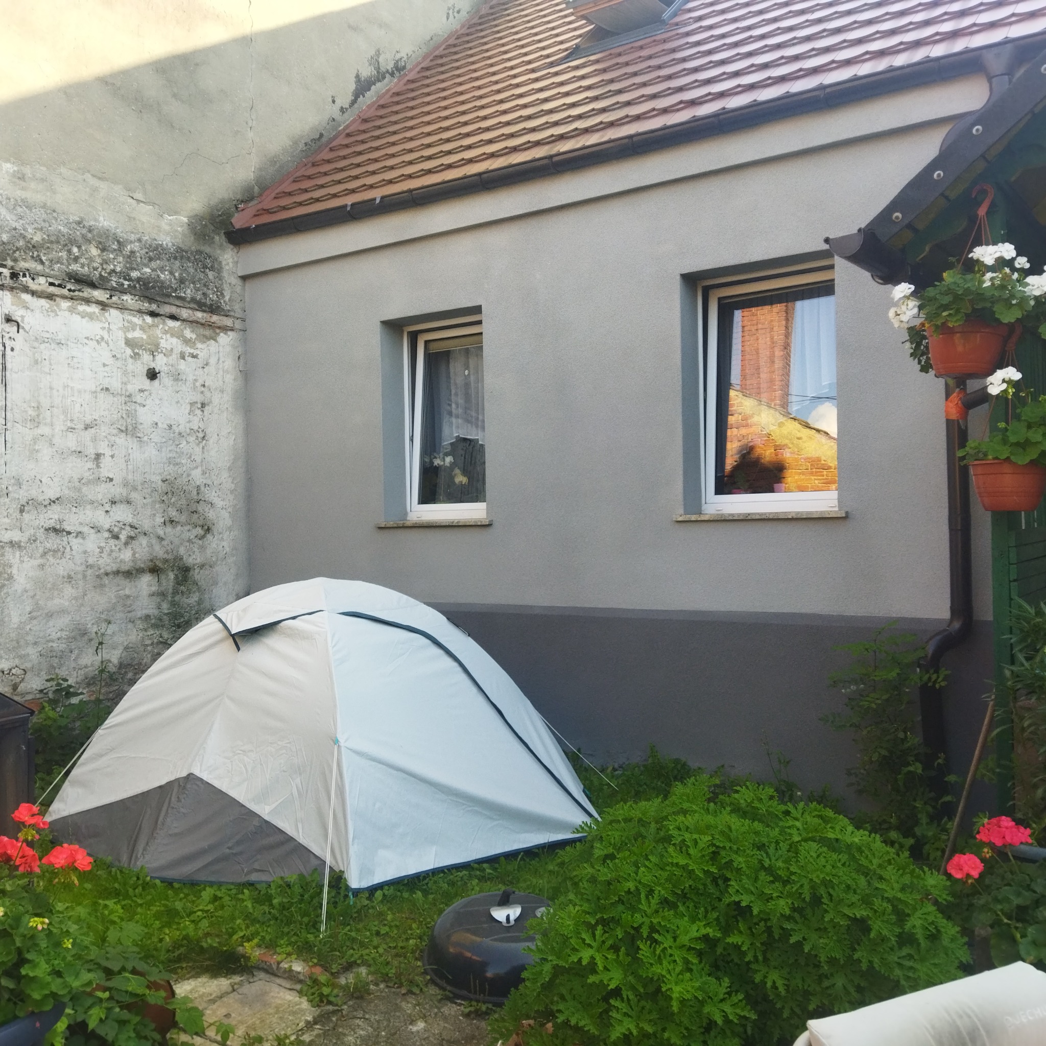 Szary budynek z nową elewacją w tle, na pierwszym planie rozbity namiot na trawie i kwiaty w doniczkach.