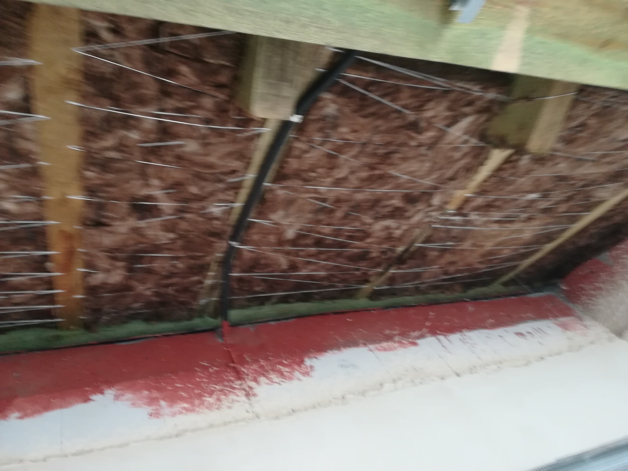 Izolacja poddasza wełną mineralną z widocznymi elementami konstrukcji drewnianej i przewodami elektrycznymi, zabezpieczona drutem.