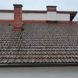 Ciemnobrązowy dach pokryty dachówką ceramiczną, z dwoma kominami. Widoczne ślady mchu i zabrudzeń. Ujęcie z dołu, pochmurne niebo w tle.