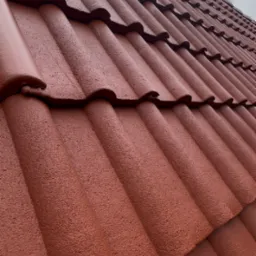 Czerwona, świeżo pomalowana dachówka ceramiczna, widok z dołu pod kątem. Widoczna faktura farby i regularny układ dachówek. Częściowo widoczne niebo w tle.