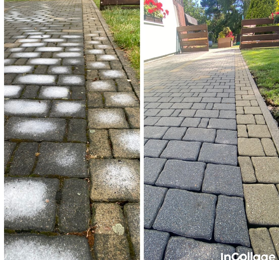 Porównanie kostki brukowej przed i po czyszczeniu: lewa strona zabrudzona, prawa strona czysta, ukazująca różnicę w kolorze i wyglądzie.