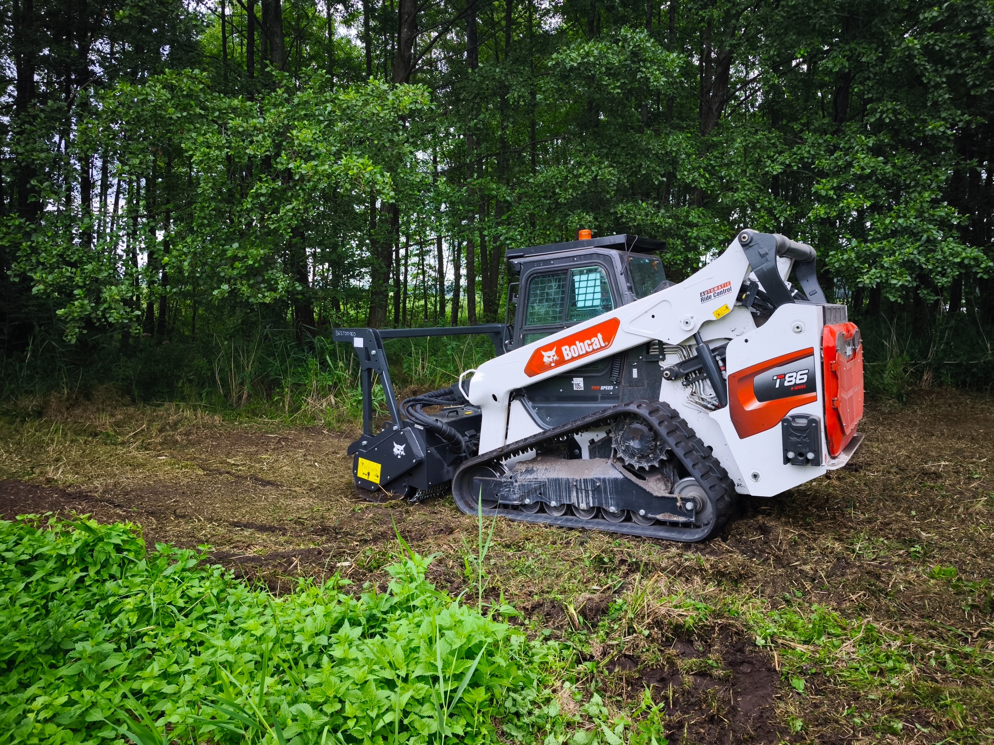 Miniładowarka Bobcat T86 z frezem leśnym na terenie po wycince, z widocznymi śladami pracy i zielenią w tle, na tle lasu.