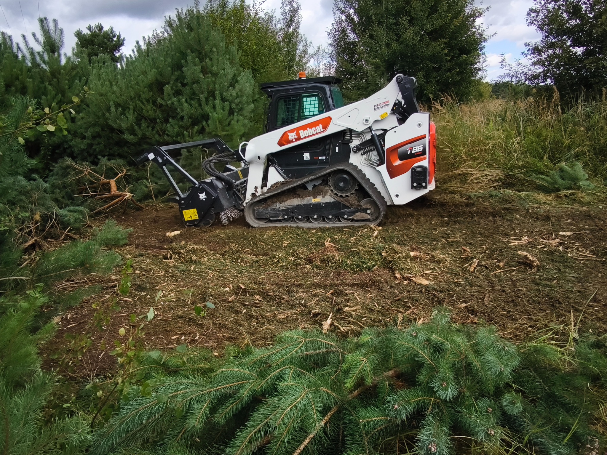 Biała miniładowarka Bobcat T86 z frezarką do pni na gąsienicach, częściowo zagłębiona w ziemi, wśród ściętych drzew iglastych i drobnych gałęzi na terenie zielonym.