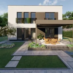 Wizualizacja nowoczesnego domu z płaskim dachem, tarasem z pergolą i ogrodem z kamiennymi ścieżkami oraz oczkiem wodnym.