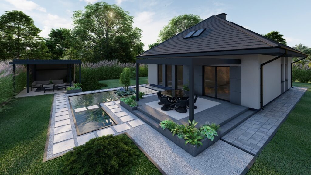 Wizualizacja domu jednorodzinnego z ogrodem, oczkiem wodnym i altaną, nowoczesna architektura z elementami minimalistycznymi.