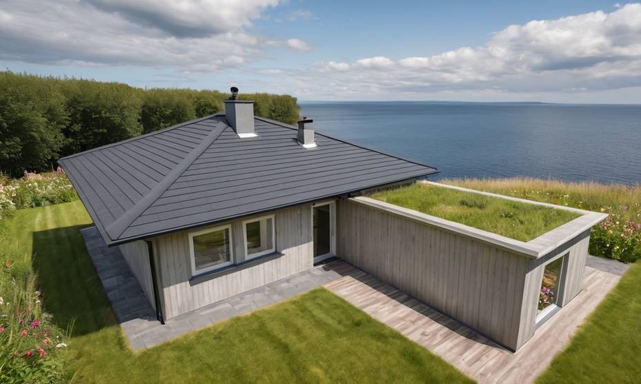 Nowoczesny dom jednorodzinny z szarą dachówką i zielonym dachem w Piotrków Trybunalski, z widokiem na morze i bujną roślinność.