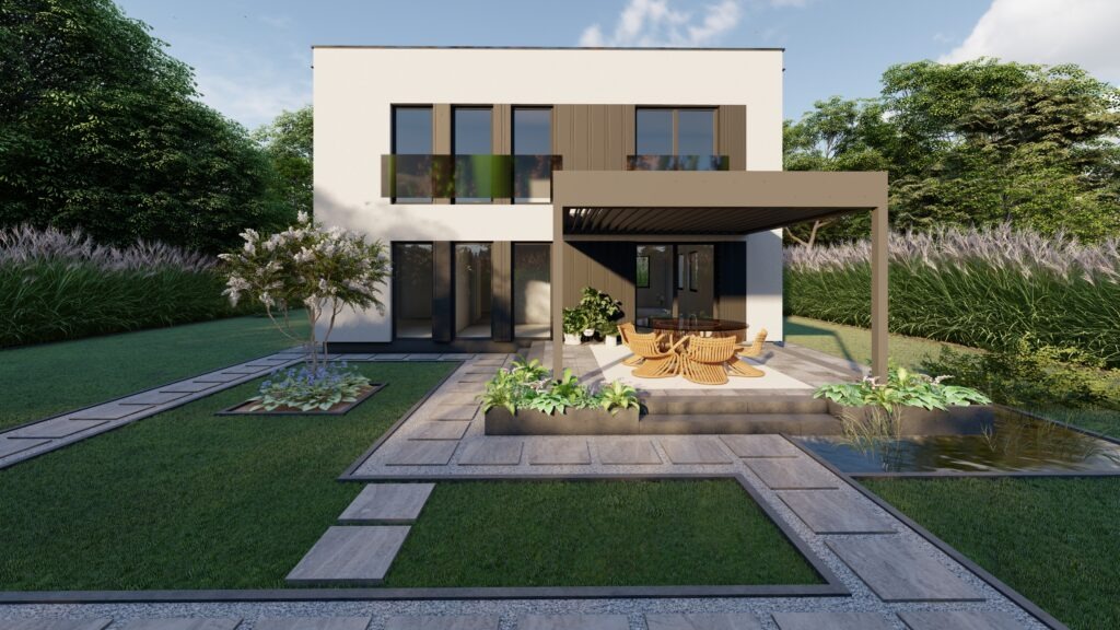 Wizualizacja nowoczesnego domu z płaskim dachem, tarasem z pergolą i ogrodem z kamiennymi ścieżkami oraz oczkiem wodnym.