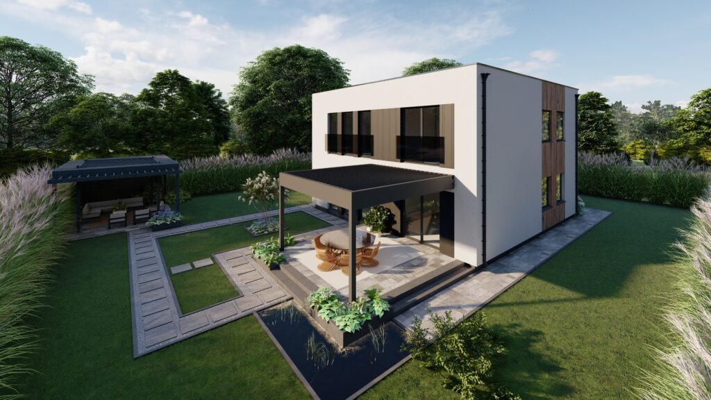 Wizualizacja nowoczesnego, dwukondygnacyjnego domu z płaskim dachem, z tarasem z pergolą, oczkiem wodnym i altaną ogrodową w tle, otoczonego bujną zielenią.