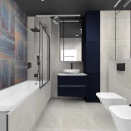 Wizualizacja łazienki z wanną obudowaną płytkami o efekcie rdzy, ciemnoniebieską szafką z umywalką nablatową i toaletą z bidetem na tle jasnych płytek.