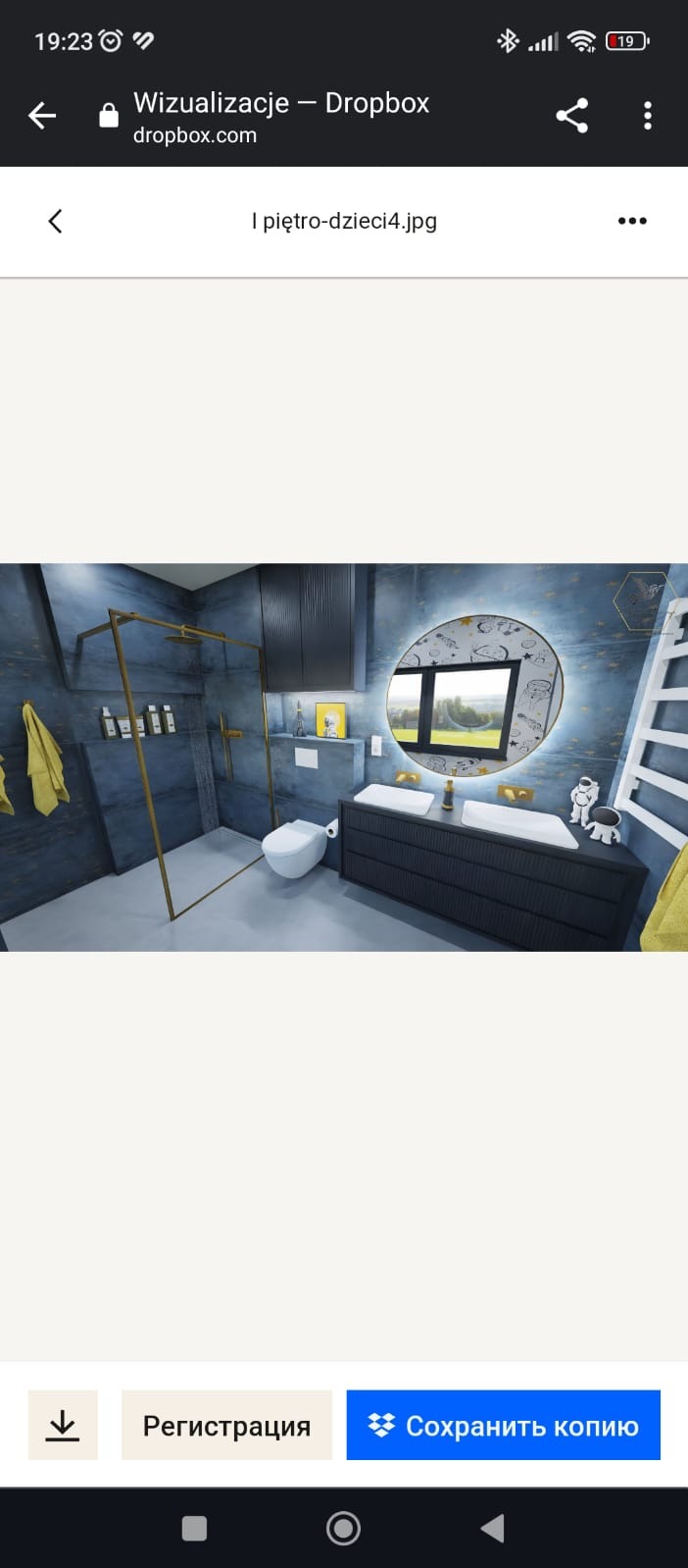 Wizualizacja łazienki z kabiną prysznicową typu walk-in ze złotymi elementami, umywalką nablatową na ciemnej szafce z ryflowanym frontem, okrągłym lustrem z podświetleniem i motywem kosmicznym...