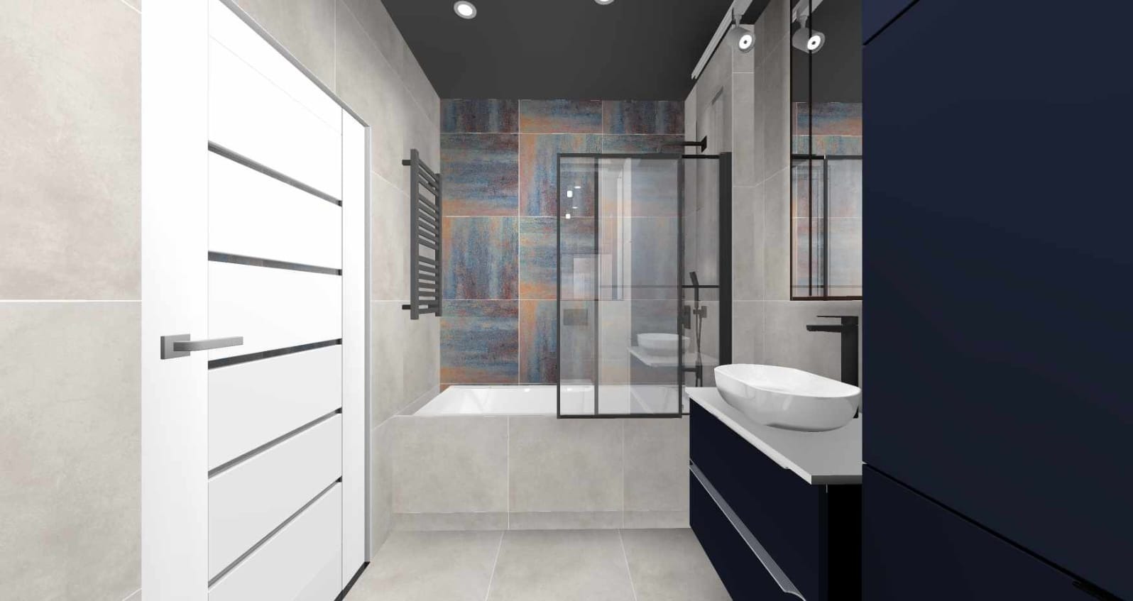 Wizualizacja łazienki z wanną za szklanym parawanem, umywalką nablatową na szafce w kolorze granatowym, grzejnikiem drabinkowym i płytkami imitującymi rdzę na ścianie.