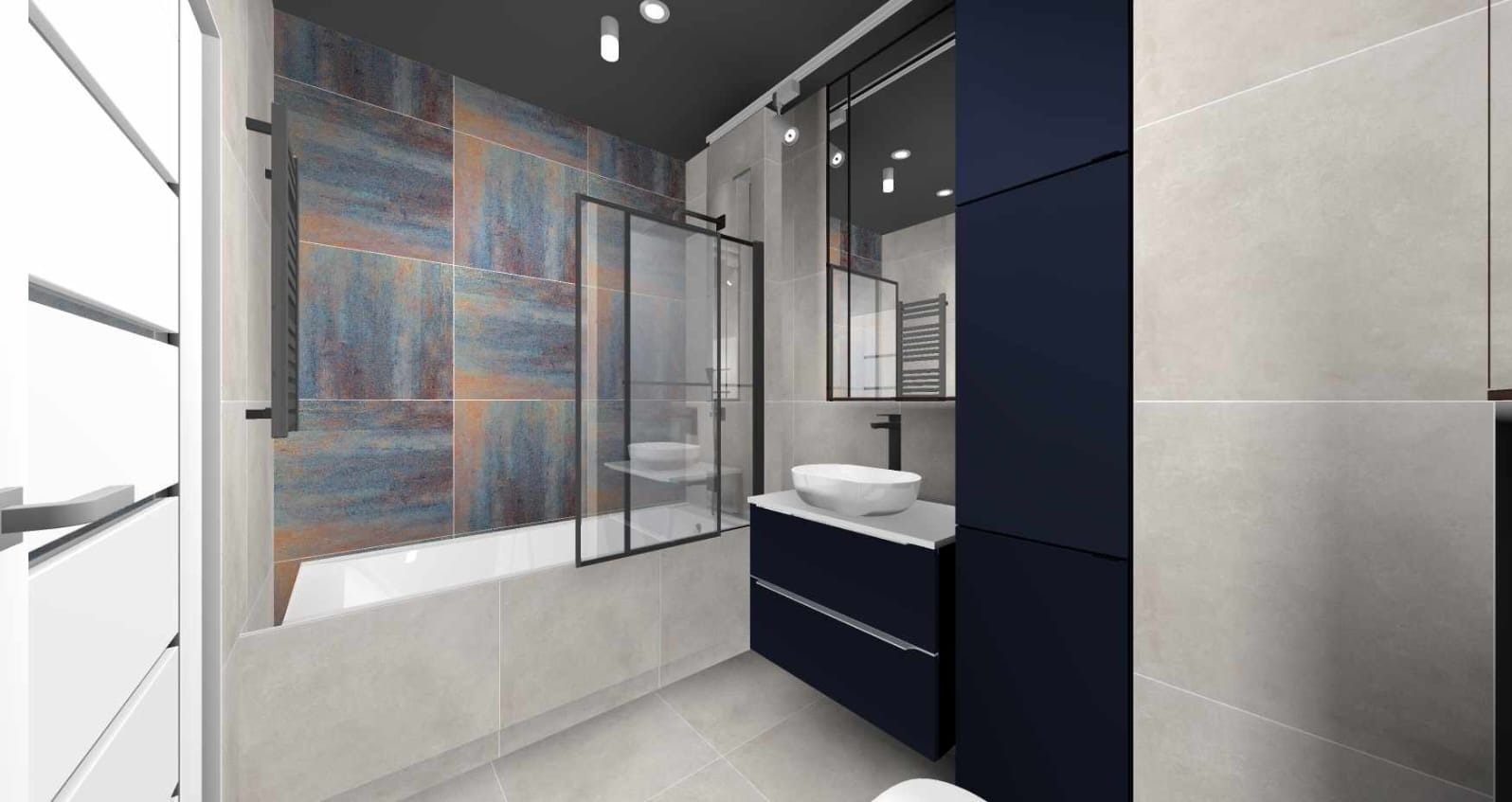 Wizualizacja nowoczesnej łazienki z wanną za szklaną ścianką, umywalką nablatową na szafce w kolorze granatowym i płytkami w odcieniach szarości i rdzawego brązu.