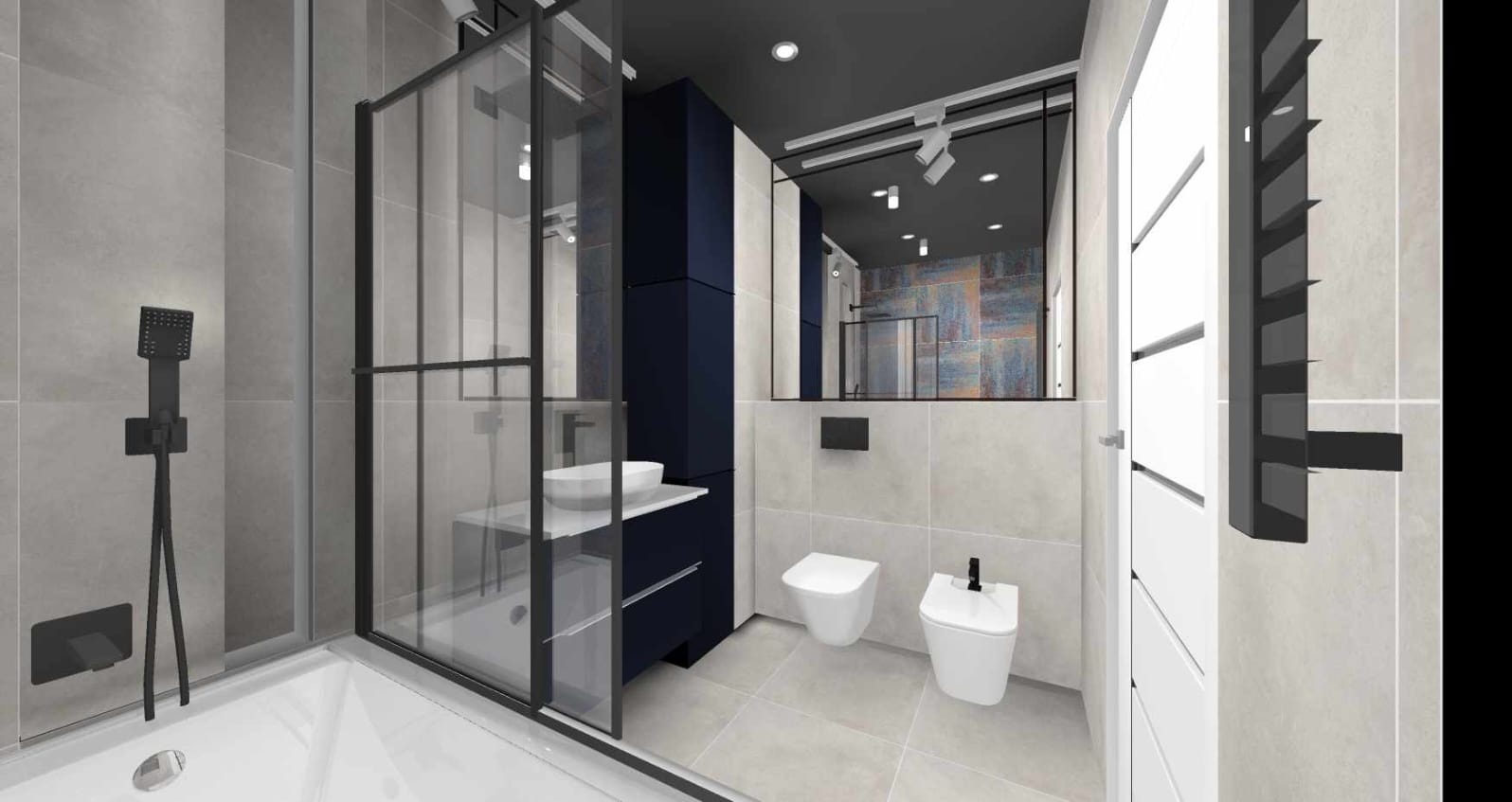 Wizualizacja nowoczesnej łazienki z kabiną prysznicową typu walk-in, umywalką nablatową na szafce w kolorze granatowym, podwieszaną toaletą i bidetem oraz dużym lustrem z oświetleniem punktowym.