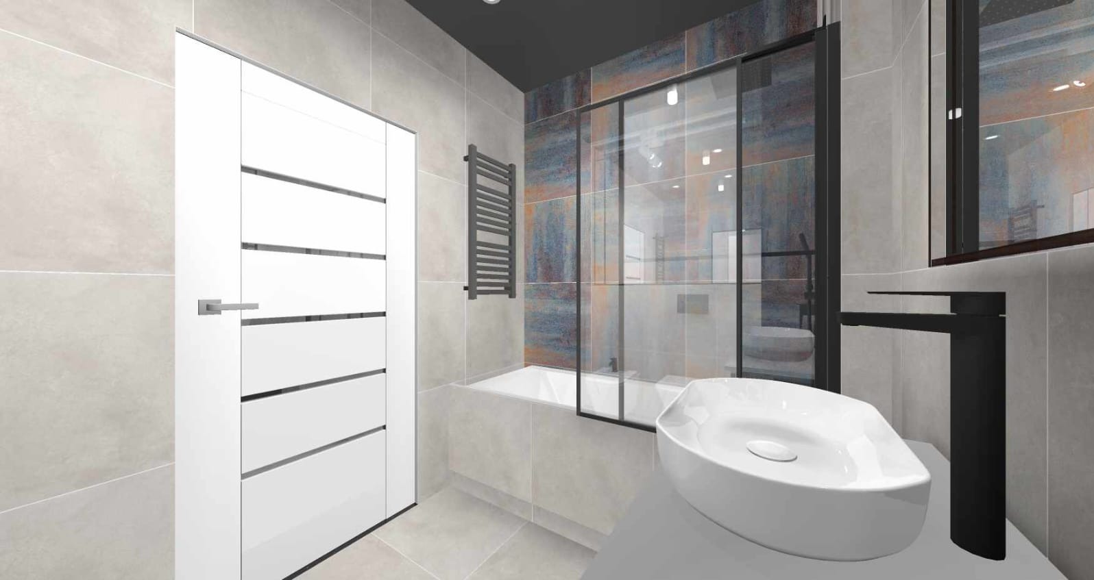 Wizualizacja nowoczesnej łazienki z białą umywalką nablatową, czarną armaturą, kabiną prysznicową z czarnymi ramami i białą, minimalistyczną szafką drzwiową z poziomymi wstawkami.