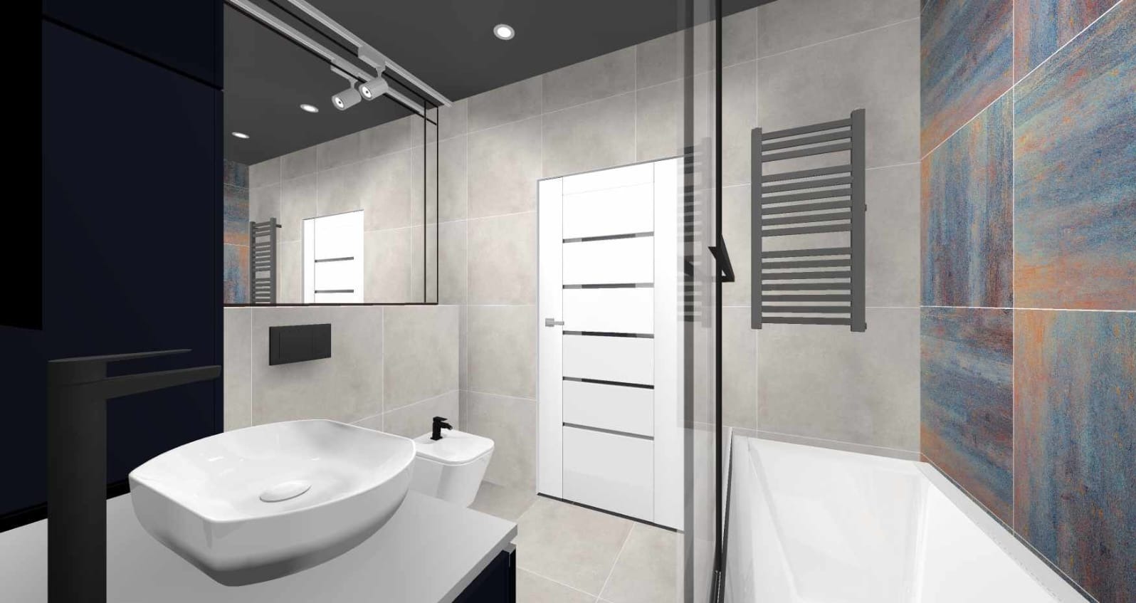Wizualizacja nowoczesnej łazienki z umywalką nablatową, baterią w kolorze czarnym, grzejnikiem drabinkowym i płytkami w odcieniach błękitu i rdzy.