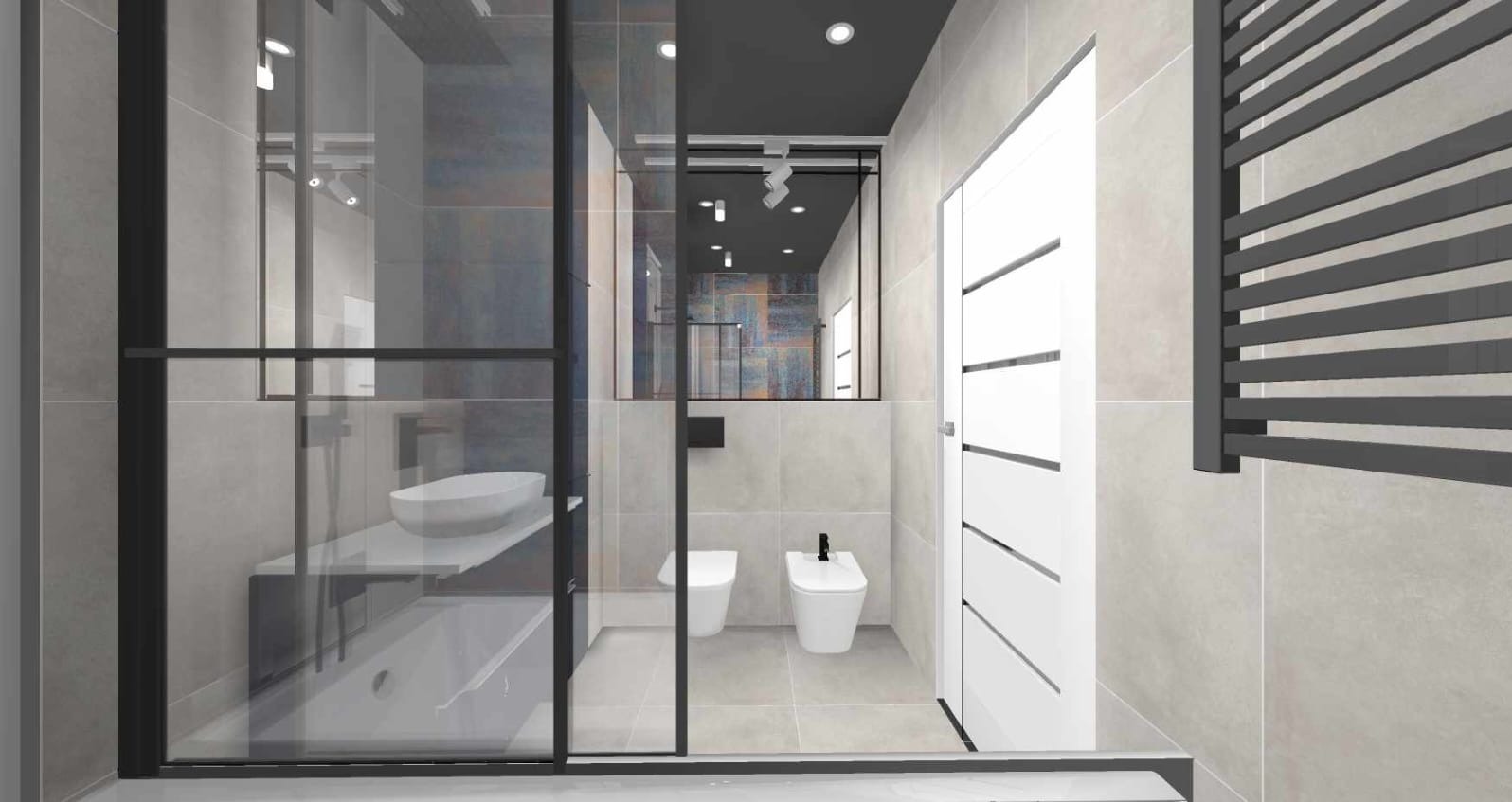 Wizualizacja nowoczesnej łazienki z kabiną prysznicową typu walk-in, wiszącą toaletą i bidetem, grzejnikiem drabinkowym w kolorze antracytowym oraz oświetleniem punktowym.