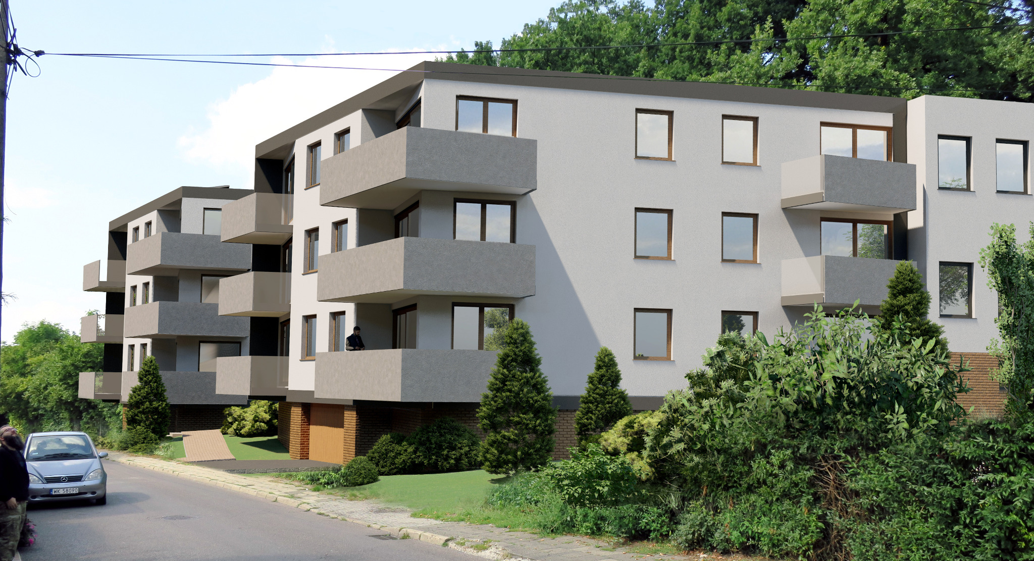 Wizualizacja nowoczesnego, trzypiętrowego budynku mieszkalnego z balkonami, otoczonego zielenią i z zaparkowanym samochodem na ulicy.