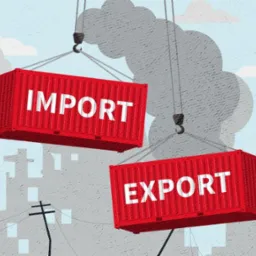 Graficzna ilustracja przedstawiająca dwa czerwone kontenery z napisami IMPORT i EXPORT, podnoszone przez dźwigi na tle zanieczyszczonego miasta i dymiących kominów.