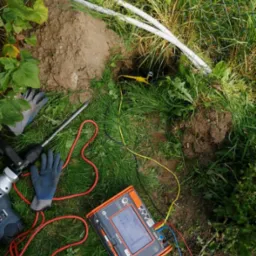 Pomiar rezystancji uziomu w Toruniu: Miernik, przewody pomiarowe, elektroda wbita w ziemię, obok leżą rękawice robocze i młot udarowy, widoczne kable w peszlu.